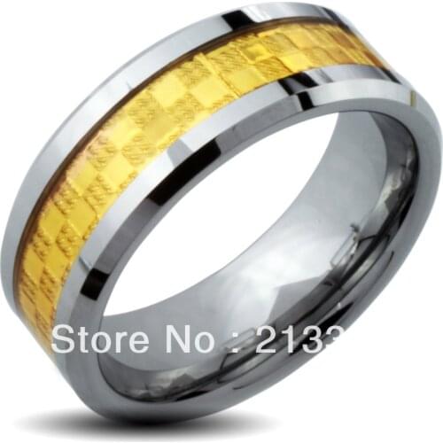 Free Shipping Buy Cheap Discount Price USA HOT Selling 8MM Men&Womens New Golden Fiber Beveled Two Tone Tungsten Wedding Rings