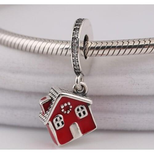 Authentic S925 Silver Red Enamel Cosy Christmas House With Crystal Pendant Charm for Women Bracelet Bangle DIY Jewelry