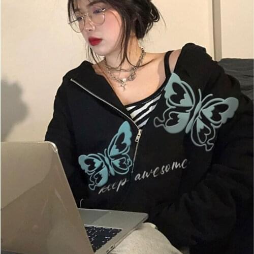 #7140 Black Streetwear Oversize Hoodies Sweatshirt Tops Pullovers Zip Up Casual Loose Hoodies Women Autumn Fashion Hip Hop