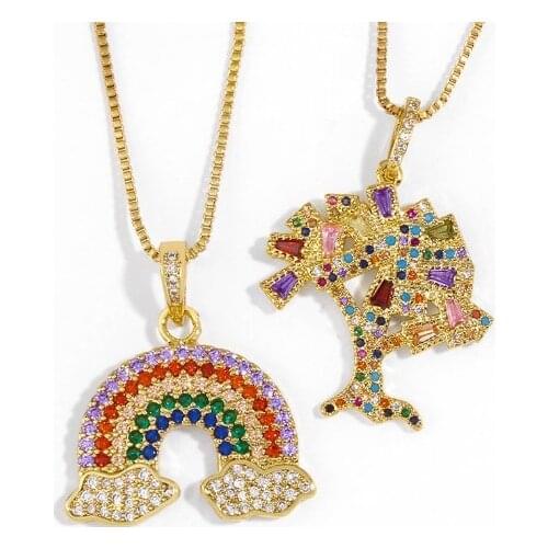Tree rainbow multicolor micro pave cz zircon cubic zirconia necklace copper Clavicle gold plated Snake Chain Choker Pendant ef2