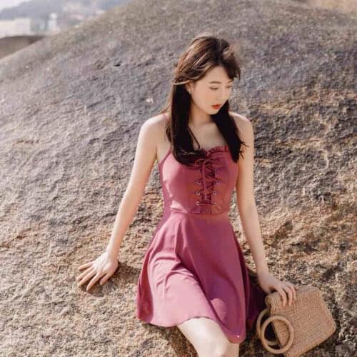 2021 Korean Pure Color Sling With Chest Pad Folds Cross Elastic Tie Rope Girl Sexy Backless Hot Spring Small Fresh Swimming Suit