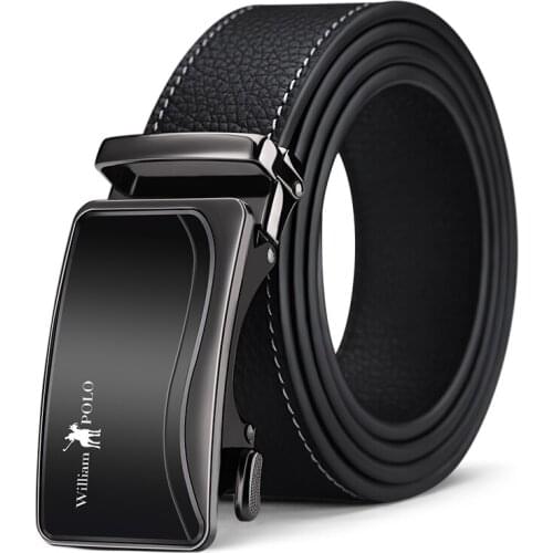 WilliamPolo mens classic black belt alloy automatic buckle business casual cowhide belt 18377p