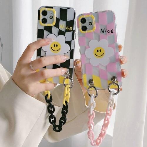 Lattice Smiley Sunflower Phone Case With Wrist Bracelet Chain For iPhone 11 12 Pro Max XR XS Max 7 8 Plus Soft TPU Cute Cover