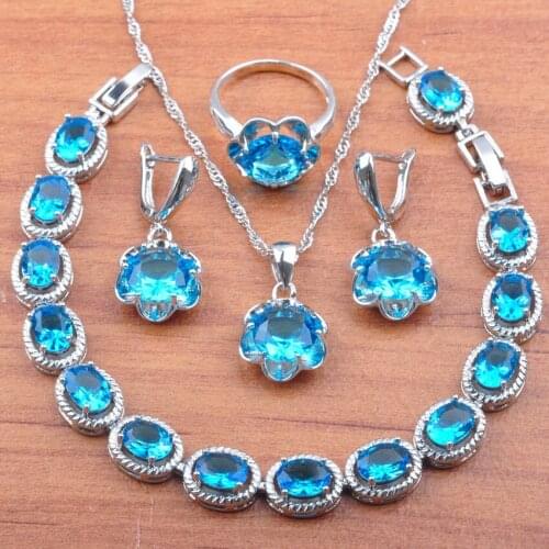 Sky Blue Crystal Wedding Jewelry Set For Women Silver Color Bracelet Earrings Pendant Rings Brithday Gift JS0134