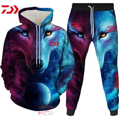 New Daiwa Mens Autumn Fishing Hoodies Outdoor Fishing Clothes Animal Art Wolf Series 3D Print Hoodies/Sweatshirt/Jacket/Suit