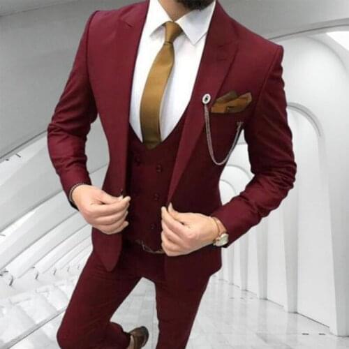 2021 New Arrival 3 Piece Casual Business Suits For Men Groom Tuxedo Burgundy Men Suits For Wedding Best Man Blazer Vest Pant