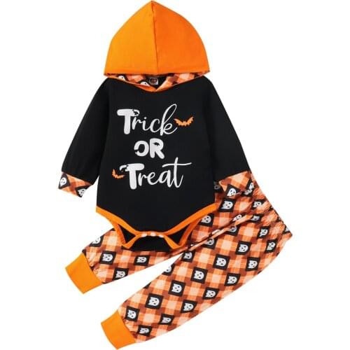 Newborn Baby Clothes 2021 Halloween Set Black Printed Pattern Long Sleeve Hooded Romper Plaids Print Pants Childrens Clothing