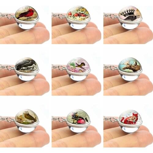 Cardinal Bird Necklace Double Side Glass Ball Pendant Flower Cat Owl Poe Raven Animal Jewelry Fashion Accessories for Men Women