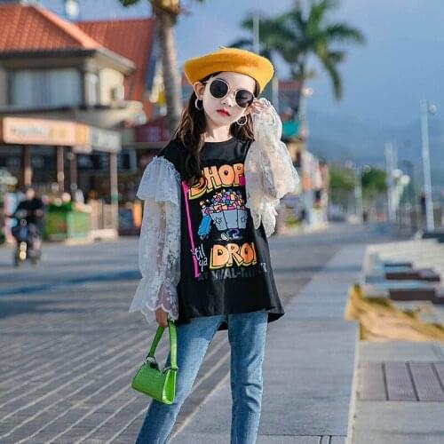 Spring And Autumn Girls O-neck Pullover Fashion Cartoon Letters Print Lace Long Sleeve Top Girl Long Sleeve T-shirt 4-14 Years