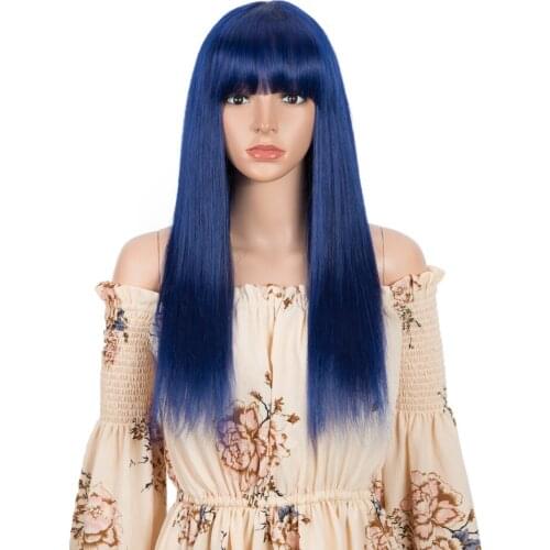 Blue Straight Human Hair Wigs With Bangs Full Machine Made Wigs Malaysian Long wigs
