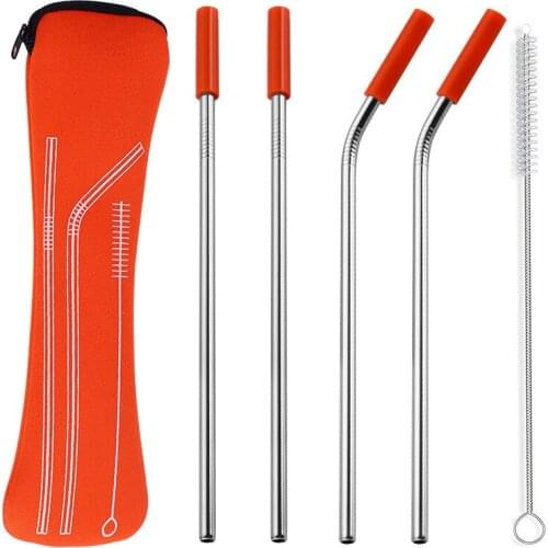 4pcs Stainless Steel reusable Straw With Brush Metal Drinking Strawse Scratch Silica Gel Head Defence Scratch Mouth Bone Package