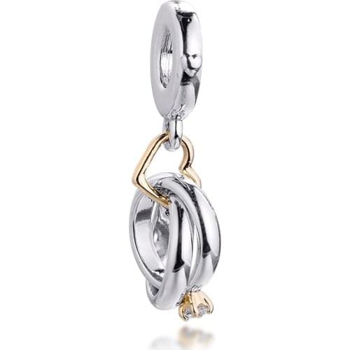 Beads fits for Necklaces Bracelets 100% 925 Sterling-Silver-Jewelry Two-tone Wedding Rings Charms with 14k Real Gold Free Ship