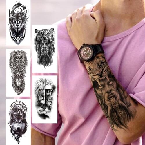 Evil Demon Tiger Temporary Tattoos For Men Women Realistic Fake Wolf Cross Tattoo Sticker Black Tribal Coyote Tatoos Death Devil