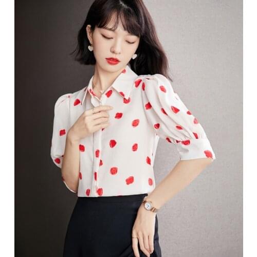 2021 Summer Fashion Chiffon Shirt Womens Blouses Short Sleeve Top Puff Sleeve Printed Button Up Shirt Plus Size
