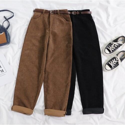 2021 New Autumn High Waist Women Corduroy Pants Vintage Solid Cotton Wide Leg Pants Elegant Belt Casual Loose Korean Streetwear