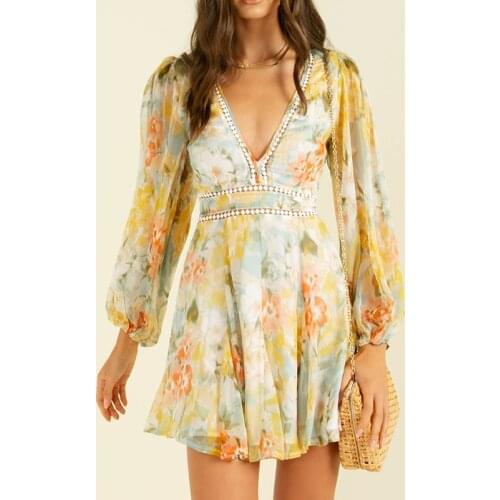 2021 Autumn V Neck Floral Print Dress Women Chiffon Lace Patchwork Holiday Dress Female Elegant Short A Line Pink Party Vestidos