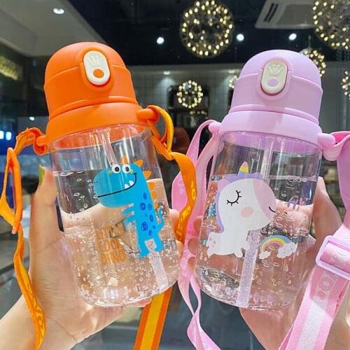 600ml Baby Feeding Cup with Straw Cartoon Portable Children Water Bottle Sippy Cup with Handle Learning Drinking