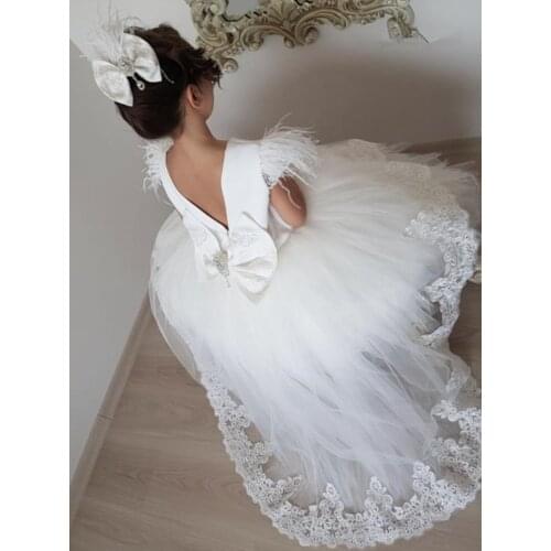 Flower Girl Dresses Bow Shoulder Girl Pageant Dresses Backless Detachable Long Train Baby Communion Dress