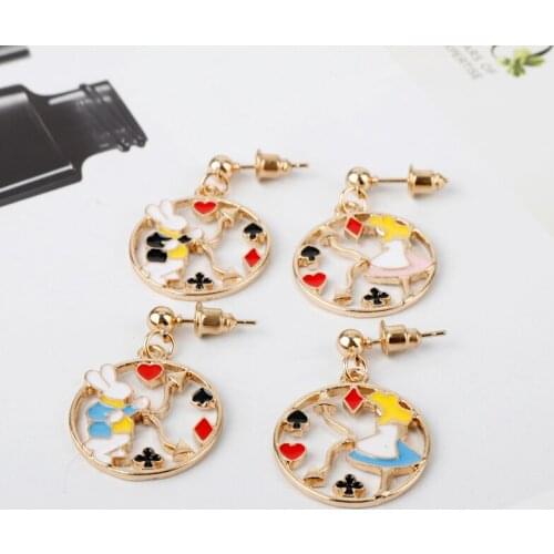 Dongsheng Romantic Fantasy Alice Wonderland Earrings Rabbit Poker Enamel Asymmetry Drop Earrings for Women Girl Party Jewelry