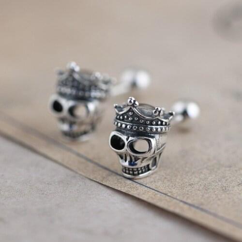 FNJ Punk Skull Earrings 925 Silver Original Pure S925 Sterling Silver Stud Earring Women Jewelry