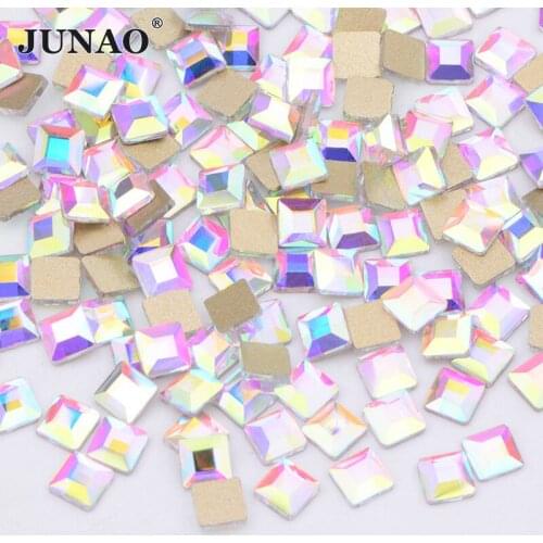 JUNAO 50pcs 4mm Square Shape Crystal AB Glass Rhinestones 3D Face Nail Art Decorations Non Hotifx Stones For DIY Manicure