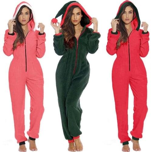 Women Winter Christmas Clown Oversized Hooded Long Sleeve Zipper Plush Jumpsuits Female Homewear Solid Romper Overalls Pajamas