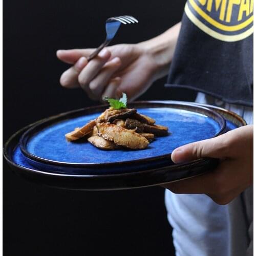 10inch Creative Ceramic Plate Japanese Style Deep Blue Dishes Dinnerware Large Round Flat Steak Breakfast Plate Pasta Dish