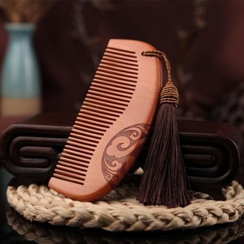 Vintage Sandalwood Anti-static Carved Natural Double Wide Massage Hair Comb with Tassel Fine Peach Wood Comb Accessories