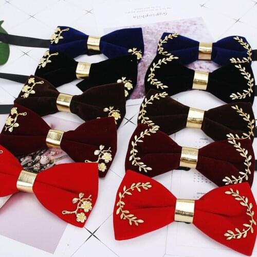 Fashion Mens Gold Pu Velvet Bowtie Christmas Rose Metal Flower Solid Wedding Luxury Bow Ties Trendy Collar Jewelry Gift for Men