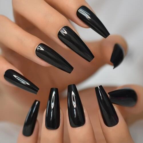 Black Press On Nails Extra Long For Women Solid Color UV Super Gel Salon Fake Nails Coffin Ballet Nail Tips Faux Ongle Wearable