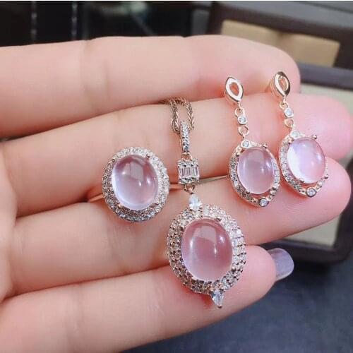 New Arrival Real and Natural Natural Rose Quartz jewelry set Rose Quartz 925 sterling silver 1pc pendant,1pc ring,2pcs Earring