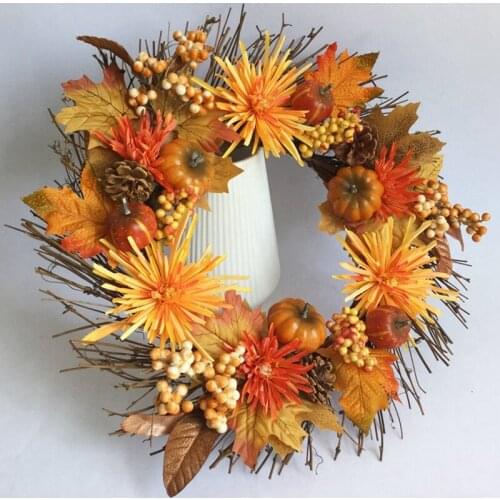 HGHO Fall Wreath18 Inch Chrysanthemum Pumpkin Wreath for Front Door Outside perfect for Autumn Halloween