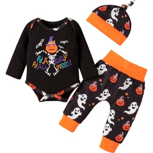 Citgeett Autumn Halloween Newborn Baby Girls Boys Outfits Letter Print Long Sleeve Romper + Pants +Cap Clothes Set