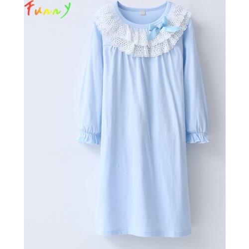 Girl Dress Pajama Solid Lace Patchwork Cotton Nightgown for Girls Spring Autumn 2021 Long Sleeve Camison Children Night Wear