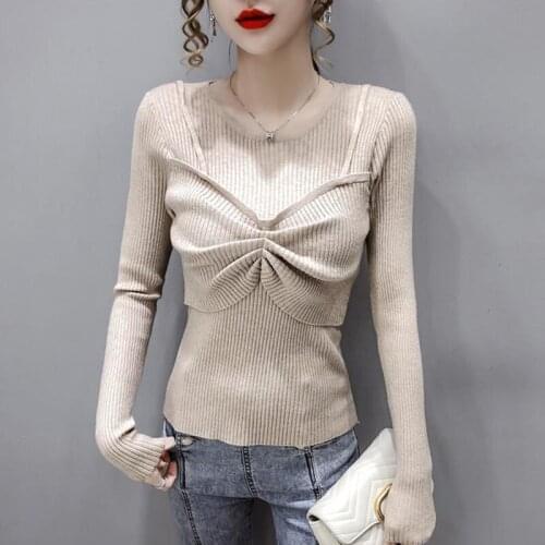 Pleated Knitted Sweater Women 2021 Autumn Solid Tops Long Sleeve Woman Sweaters Slim All-match Pullovers Blusa De Frio Feminina