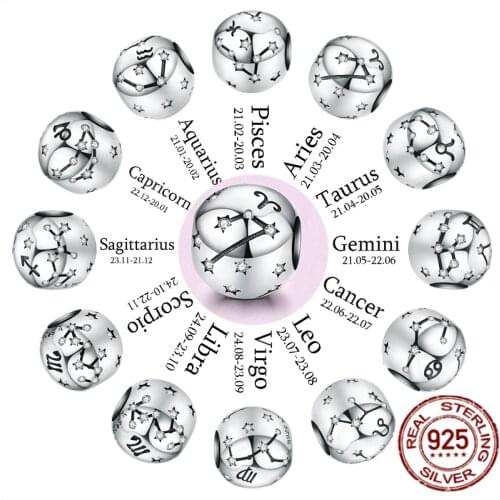 Genuine 925 Sterling Silver 12 Constellation Zodiac Round Pendant Beads Fit Original Pandora Bracelet Jewelry Charms Making