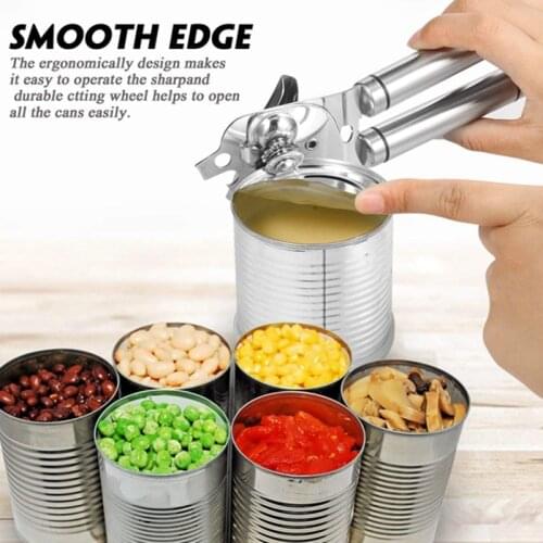 Manual Food-Safe with Built-in Bottle Opener Smooth Edge Cover Stainless Steel Can Opener for Beer Tin Bottle
