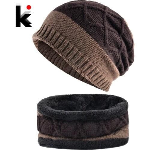 Thick Hat Scarf Set Winter Mens Knitted Striped Beanies Cap Men Double Layer Add Velvet Warm Skullies Bonnet Scarves Sets