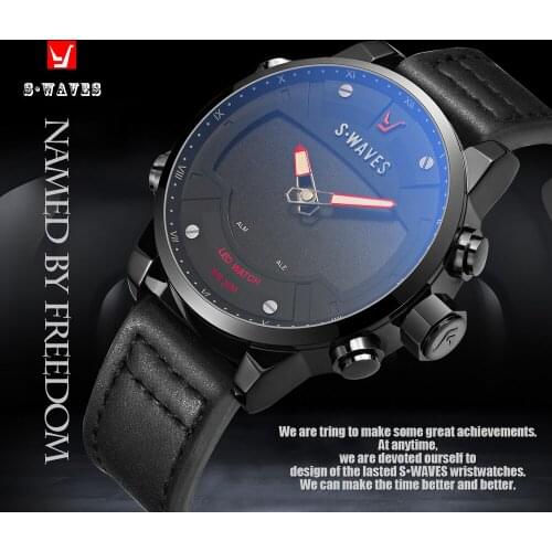 SWAVES LED Quartz Watch Men Clock Waterproof Leather Band Watches Mens 2019 Dual Display Unique New Military Relojes Para Hombre