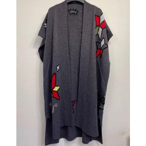 LOVE RIBBON Dark GREY CACHEMERE PONCHO CARDIGAN SKULL Stars Embroidered Back Oversized Short Sleeves Cape Coat knitwears Woman