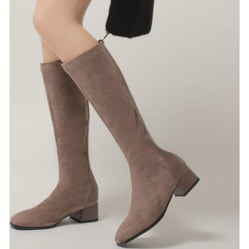 YMECHIC 2020 Womens Back Zipper Chunky Heels Long Suede Stretch Black Slim Knee High Boots Plus Size Autumn Botas Female Shoes