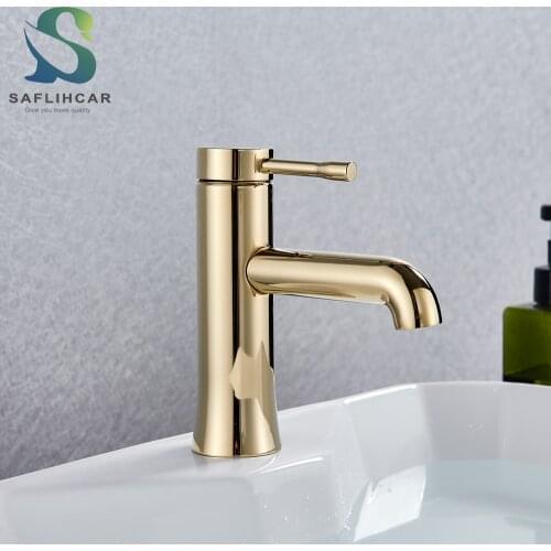 Golden Brass Fashion Bathroom Sink Basin Mixer Faucet Single Handle Round Shape Water Taps
