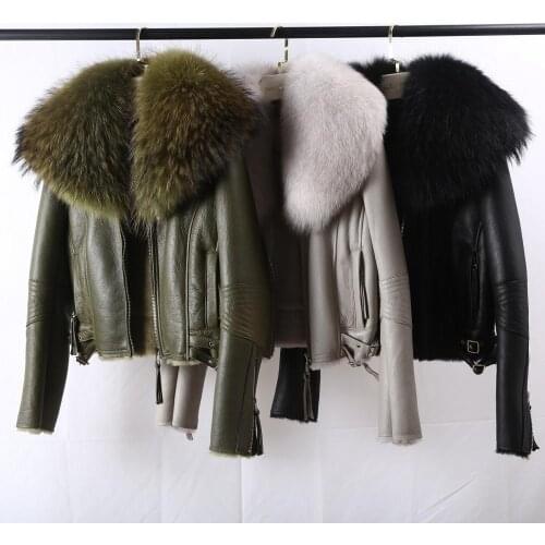 2020 Real Fur Coat Winter Jacket Women Natural Raccoon Fur Collar Double Faced Fur Genuine Leather Merino Sheep Outwear