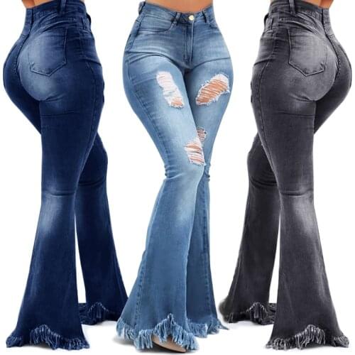 2020 Wholesale ladies wide leg denim pants women high waist bell bottoms jeans