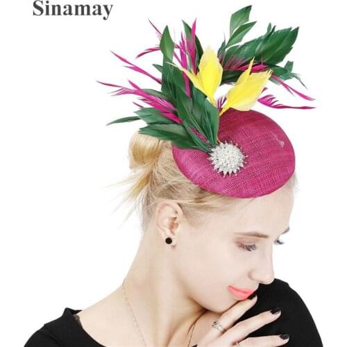 4Layer Hot Pink Linen Fascinator Sinamay Wedding Mesh Feathers Millinery Hat Female Accessories Elegant Headpiece High Quality