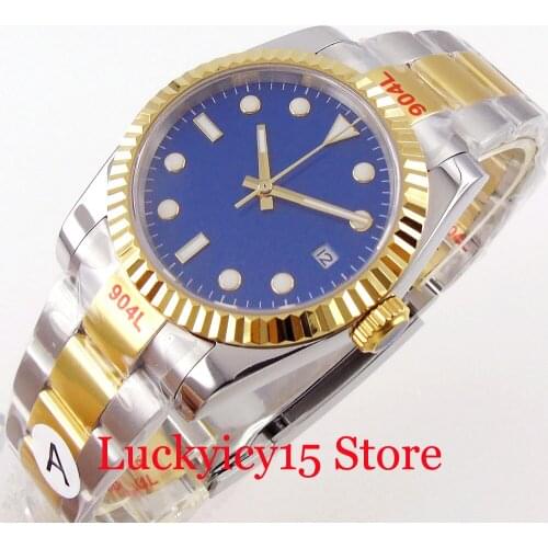 BLIGER 36mm Fluted Bezel Blue Two Tone Gold MIYOTA 8215 Automatic Men Wristwatch Date Luminous Hand Oyster Band Glide Lock Clasp