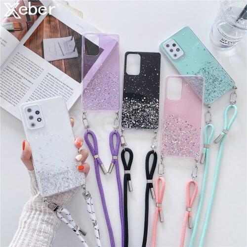 Necklace Hang Lanyard Transparent Glitter Sequins Phone Case For Samsung S20 FE S21 Note 20 Ultra 10 Pro S10 S9 Plus S8 A51 A71