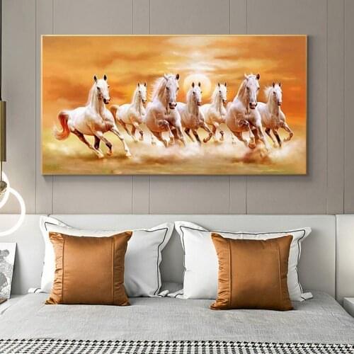 Seven Running White Horse Animals Painting Artistic Canvas Art Gold Posters and Prints Modern Wall Art Picture For Living Room