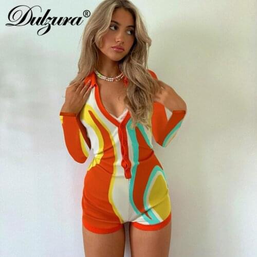 Dulzura 2021 Autumn Winter Women Stripe Print Long Sleeve V Neck Single-Breasted Playsuit Slim Sexy Streetwear Casual Combishort
