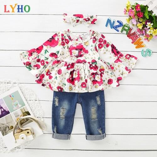 LYHO Baby Girls Clothes Outfits Long Sleeve Skirt Pant Set Cute Toddler Girl Jeans Flower Ruffle Top Spring Kids Clothing Infant
